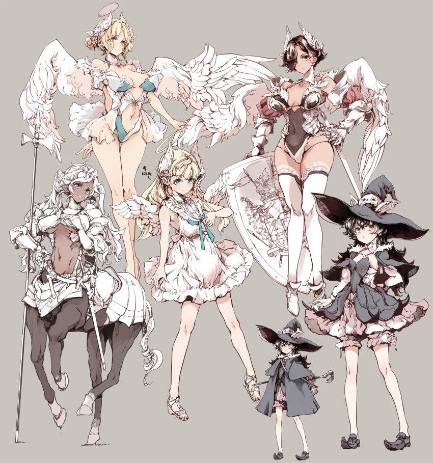 5girls absurdres black_dress black_hair blonde_hair breasts centaur commentary_request dark-skinned_female dark_skin dress endou_okito expressionless feathered_wings full_body grey_background hat head_wings highleg highleg_leotard highres large_breasts leotard multiple_girls navel original revealing_clothes shield short_hair simple_background small_breasts smile taur underboob white_dress white_hair white_wings wings witch_hat