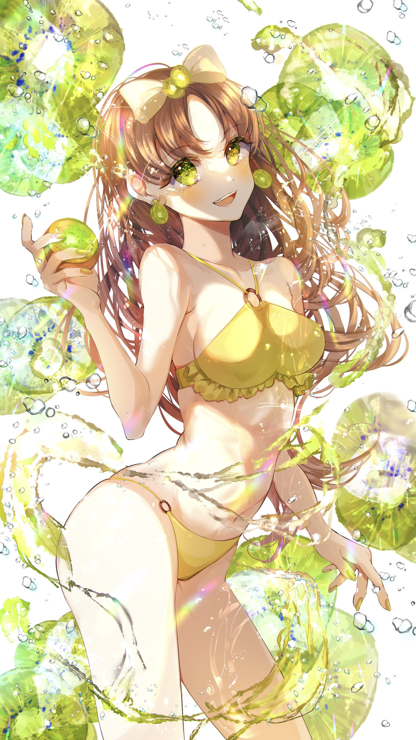 absurdres bikini bow breasts brown_hair commentary_request earrings female food fruit fruit_earrings fruit_hair_ornament green_eyes green_nails hairbow highres holding holding_food holding_fruit jewelry kiwi_(fruit) liquid long_hair medium_breasts midriff nail_polish navel o-ring o-ring_bikini open_mouth original pinapo_25 sideboob smile solo summer swimsuit teeth tongue upper_teeth_only water water_drop white_background yellow_bikini yellow_bow