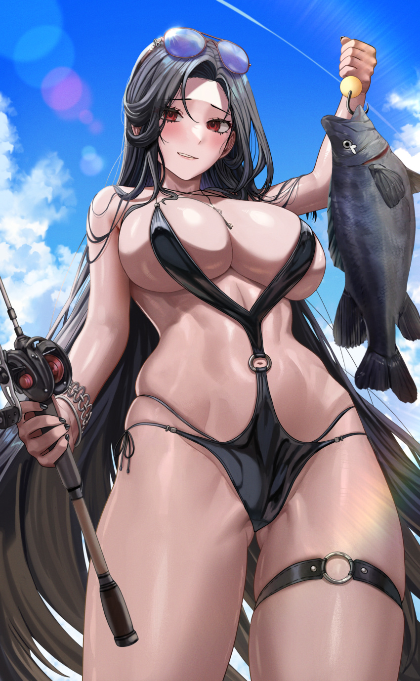 black_hair breasts eyewear_on_head female fish fishing_rod goddess_of_victory:_nikke highres large_breasts long_hair looking_at_viewer maiden_(nikke) maiden_(under_the_sun)_(nikke) navel official_alternate_costume outdoors red_eyes silvertsuki