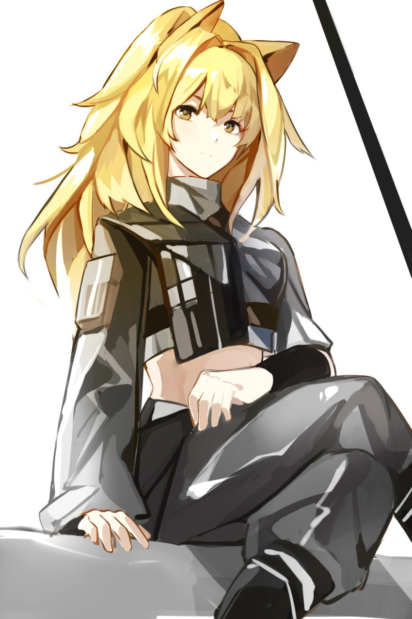 animal_ears arknights asymmetrical_sleeves black_pants black_shirt blonde_hair chinese_commentary closed_mouth commentary_request crop_top cropped_shirt crossed_legs dumenggu feet_out_of_frame female hair_intakes highres long_hair long_sleeves midriff pants shirt siege_(arknights) simple_background sitting solo uneven_sleeves white_background yellow_eyes