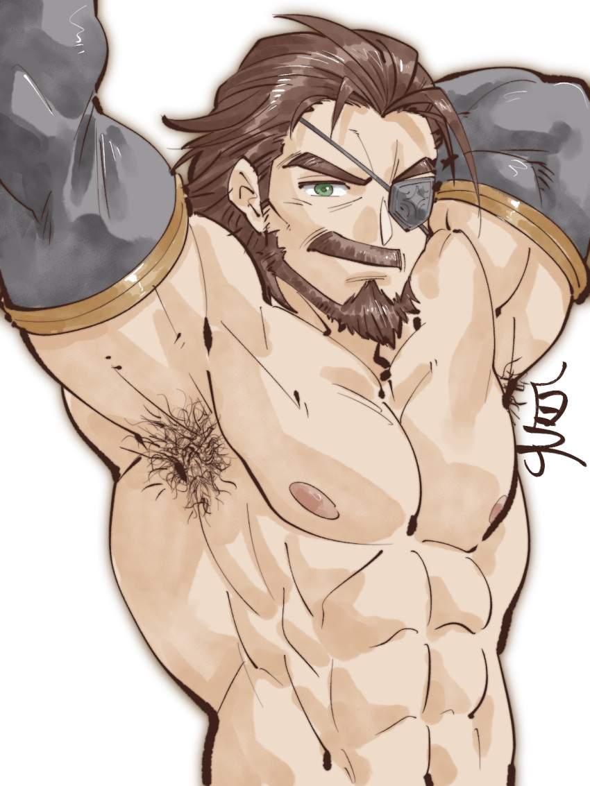 1boy abs armpit_focus armpit_hair armpits bara brown_eyes brown_hair detached_sleeves eugen_(granblue_fantasy) eyepatch facial_hair granblue_fantasy highres large_pectorals looking_at_viewer male_focus mature_male moustache muscular muscular_male navel nipples pectorals seductive_smile shirako_(kirupi) short_hair smile solo standing thick_mustache translation_request white_background