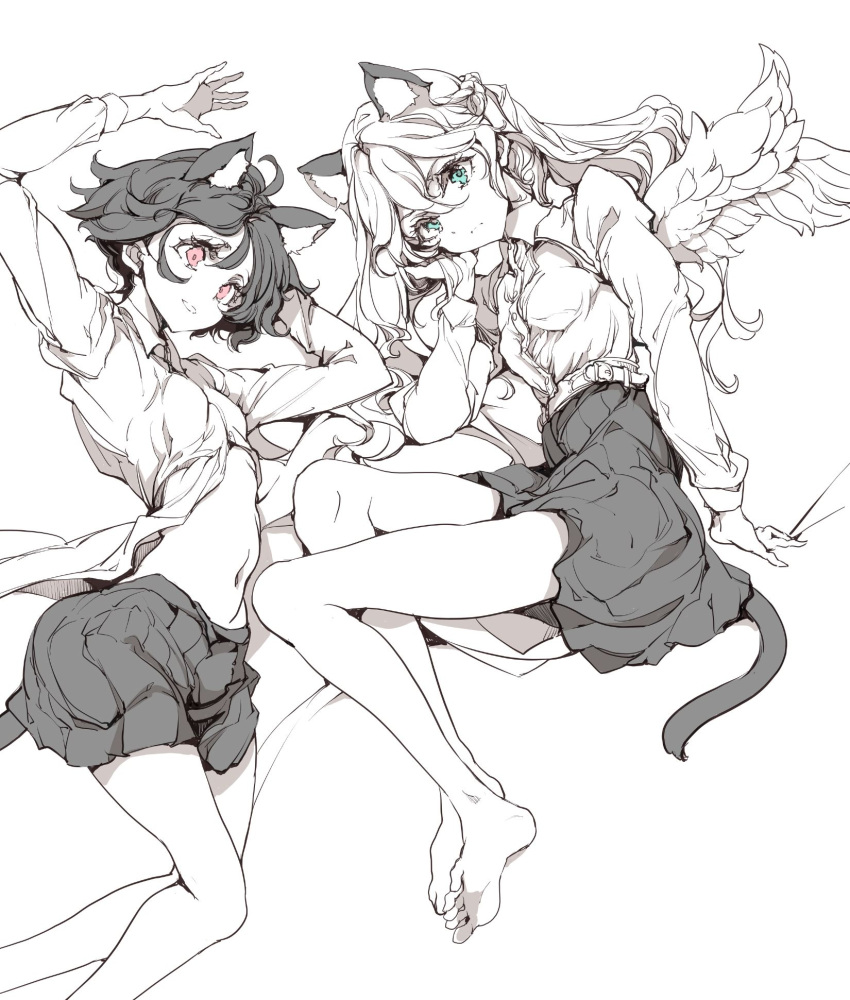 2girls animal_ears barefoot blue_eyes breasts cat_ears cat_girl cat_tail collared_shirt commentary_request endou_okito expressionless feathered_wings highres long_hair lying monochrome multiple_girls navel on_side open_clothes open_shirt original pink_eyes shirt short_hair skirt small_breasts spot_color tail wings