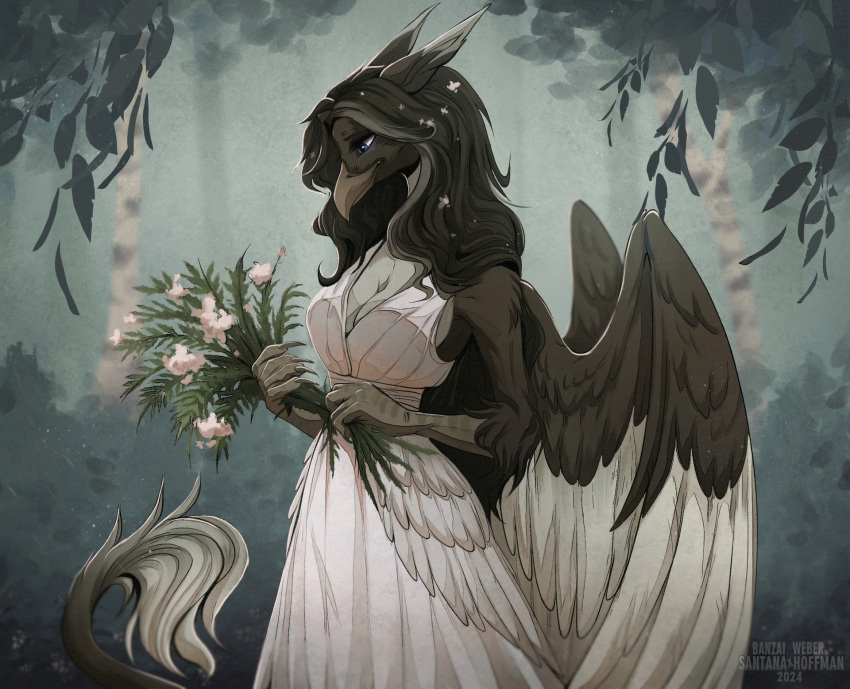 anthro avian black_hair blue_eyes brown_body brown_feathers brown_wings clothed clothing dress ears_back feathered_wings feathers female flower glistening glistening_eyes hair hi_res holding_flower holding_object long_hair mouth_closed outside pivoted_ears plant portrait santanahoffman solo standing tail tail_tuft three-quarter_portrait tuft white_body white_clothing white_dress white_feathers white_wings wings