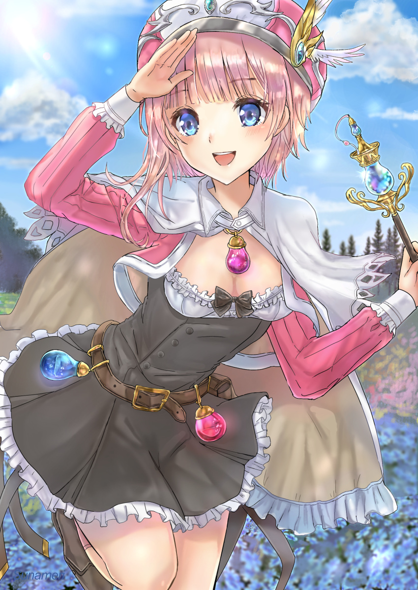 :d arm_up atelier_(series) atelier_rorona black_bow black_dress blue_eyes blue_flower blue_sky blurry blurry_background blush bow breasts brown_footwear cape cleavage cloud commentary_request cropped_jacket day depth_of_field dress female field flower flower_field frilled_cape frilled_dress frills hand_up hat highres holding holding_wand jacket long_sleeves outdoors pink_flower pink_hair pink_hat pink_jacket puffy_long_sleeves puffy_sleeves rororina_fryxell shoes signature sky small_breasts smile solo standing standing_on_one_leg sunameri_(pixiv3564245) teeth tree upper_teeth_only wand white_cape