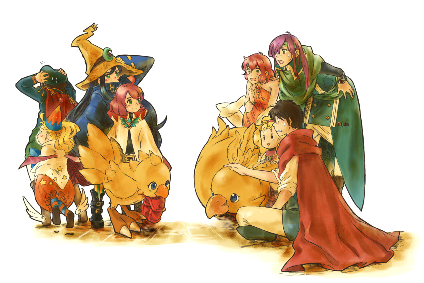 1boy 3girls bartz_klauser bat_wings black_mage_(final_fantasy) blonde_hair blue_eyes blue_mage_(final_fantasy) blush boco cape chibi chocobo commentary_request comparison croma faris_scherwiz final_fantasy final_fantasy_5 final_fantasy_fables green_eyes hat highres krile_mayer_baldesion_(ff5) lenna_charlotte_tycoon long_hair multiple_girls open_mouth pink_hair purple_hair shirma short_hair surprised sweatdrop time_mage toutoumi white_mage_(final_fantasy) wings witch_hat