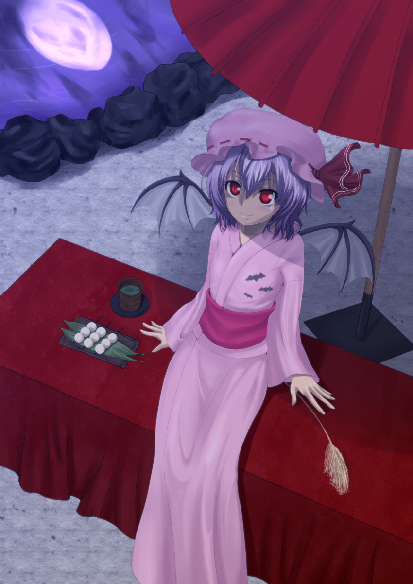 alternate_costume animal_print bat_print bat_wings commentary_request female freddie hat highres japanese_clothes kimono light_purple_hair oil-paper_umbrella pink_kimono red_eyes remilia_scarlet short_hair solo touhou umbrella wings yukata