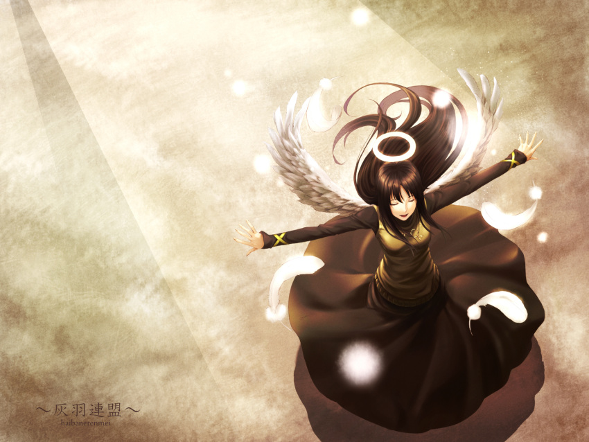 angel black_dress black_hair closed_eyes commentary dress edo_tatsuki english_commentary feathers female from_above haibane_renmei halo highres long_dress long_hair outstretched_arms photoshop_(medium) reki_(haibane) solo spread_arms wings