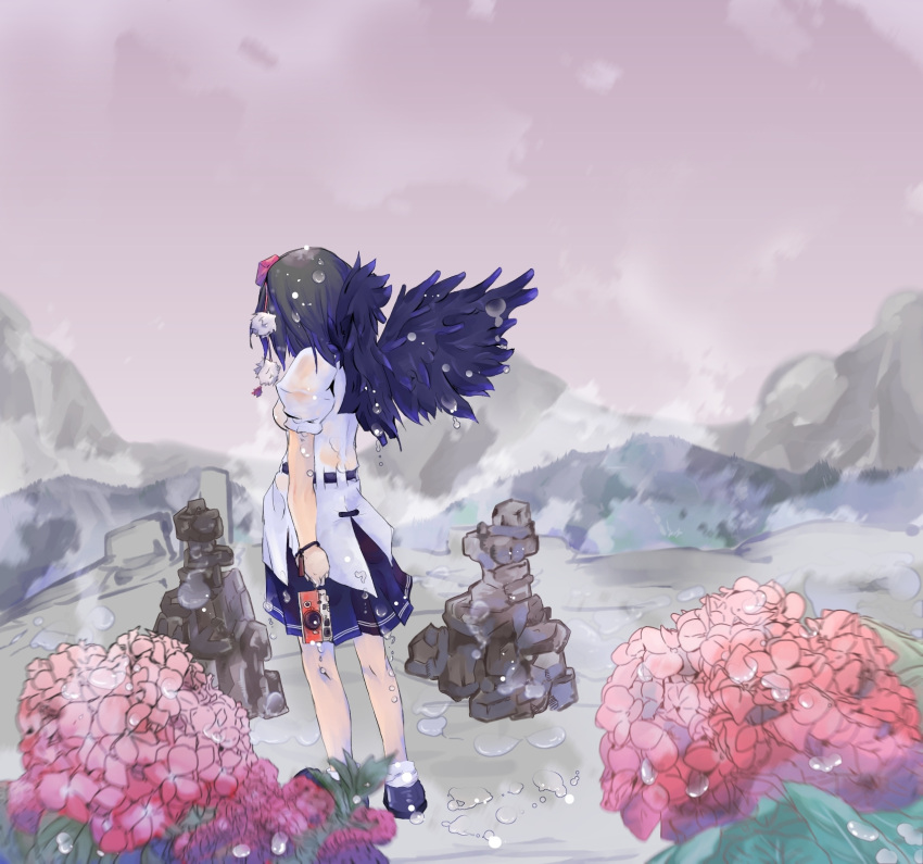 black_hair black_wings camera commentary_request female flower hat highres hydrangea nazo sad shameimaru_aya short_hair solo tokin_hat touhou wet wet_clothes wings