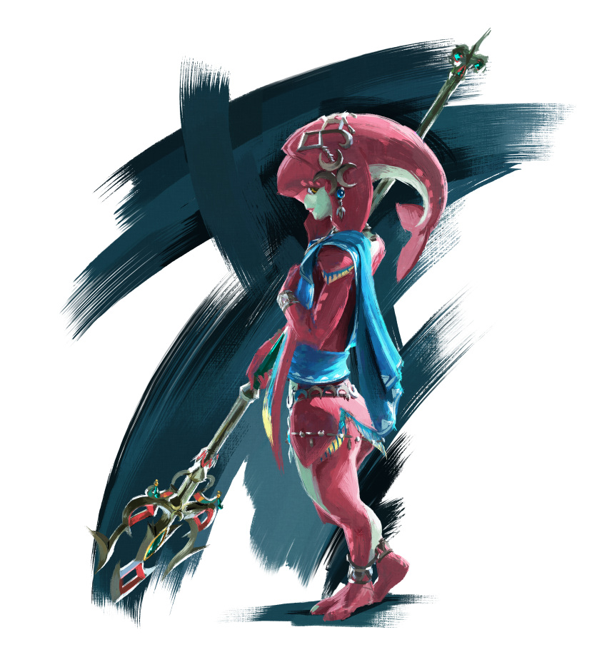 absurd_res alpha_channel amber_eyes animal_humanoid breath_of_the_wild female fish fish_humanoid head_tail hi_res humanoid jewelry looking_at_viewer marine marine_humanoid melee_weapon mipha nintendo official_art polearm side_view simple_background solo standing the_legend_of_zelda transparent_background trident weapon zora