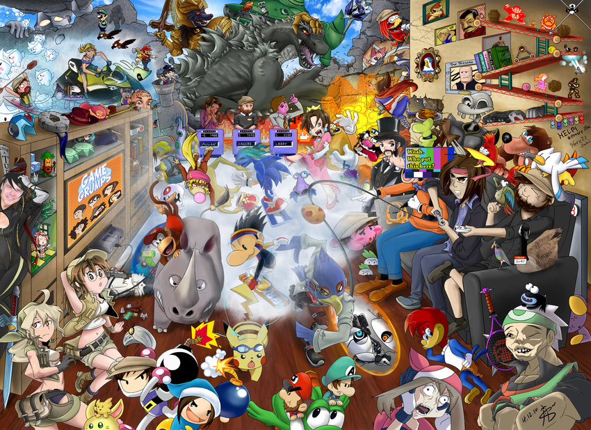 absolutely_everyone absurd_res accipitrid accipitriform ambiguous_gender amphibian anatid anseriform anserinae anthro arin_hanson avian baron_von_blubba bayonetta bayonetta_(character) bear bird blin_(tloz) bomb bomberman brother_(lore) brothers_(lore) candy castlevania censored character_collage charmander clothing convenient_censorship cosplay crossover d6 danny_sexbang day_of_the_tentacle dessert dice diddy_kong disney donkey_kong_(character) donkey_kong_(series) eagle egg electronics english_text eri_kamasoto explosives eyewear falco_lombardi female feral fio_germi fire food fur furniture game_grumps gaming generation_1_pokemon generation_3_pokemon ghost godzilla godzilla_(series) goggles goofy_(disney) goose group gum gun hat headgear headwear hi_res horn hudson_soft human jon_jafari jontron kirby kirby_(series) knuckles_the_echidna konami large_group luigi machine male mammal mario mario_bros melee_weapon metal_slug moblin murid murine nintendo outside pikachu platinumgames playing_video_game pokemon pokemon_(species) princess_peach ranged_weapon rat red_eyes robot rodent sailing sega shelf sibling_(lore) snakeblade31 snow snowboard snowboarding sofa sonic_the_hedgehog sonic_the_hedgehog_(series) spirit star_fox steam_train sword television tentacle text text_on_clothing text_on_hat text_on_headwear the_legend_of_zelda the_woody_woodpecker_show toho top_hat twins_(lore) universal_studios wario water weapon whismur wingull winnie_woodpecker yellow_body yellow_fur