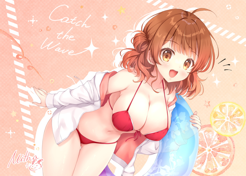 ahoge artist_name ass_visible_through_thighs bikini blush breasts brown_hair cleavage commentary_request female front-tie_bikini_top front-tie_top gakuen_idolmaster halterneck hanami_ume idolmaster innertube jacket jacket_partially_removed kimi_to_semi_blue_(idolmaster) large_breasts looking_at_viewer mitha navel notice_lines orange_hair red_bikini signature smile solo stomach string_bikini swim_ring swimsuit two-sided_fabric two-sided_jacket white_jacket