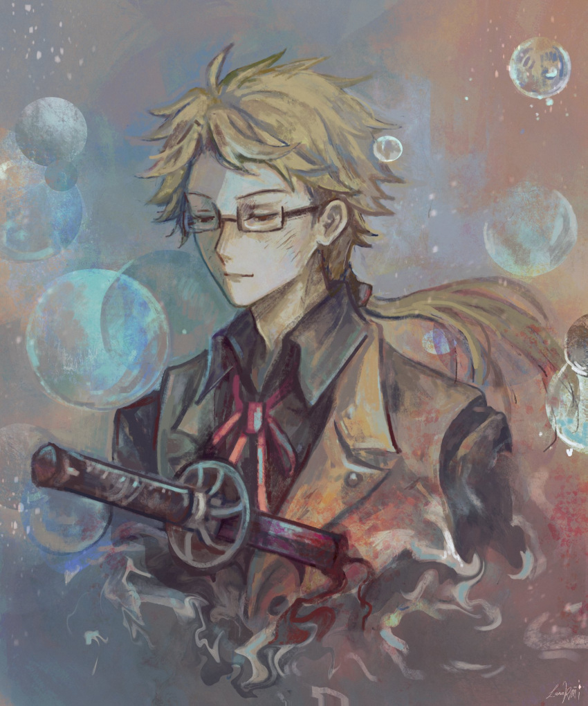 1boy black_shirt blonde_hair blood brown_vest bubble bungou_stray_dogs closed_mouth collared_shirt commentary death dissolving english_commentary glasses highres impaled katana kunikida_doppo_(bungou_stray_dogs) lana_rm7 long_hair low_ponytail male_focus neck_ribbon ponytail red_ribbon ribbon semi-rimless_eyewear shirt signature solo spoilers sword upper_body vest weapon