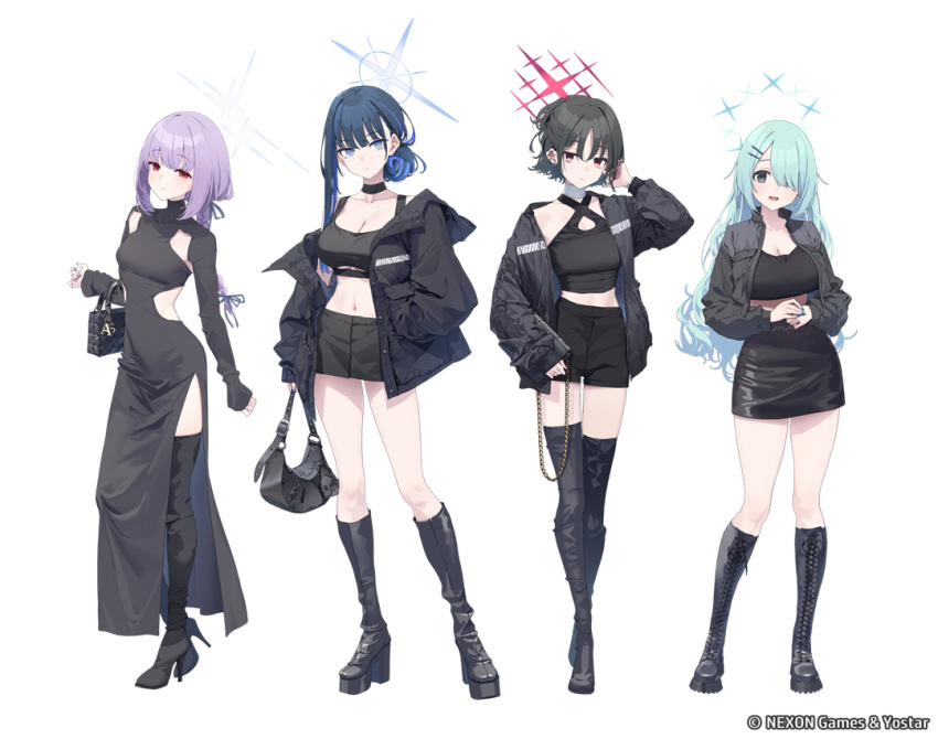 atsuko_(blue_archive) baffu bag bare_shoulders black_jacket black_skirt blue_archive blue_hair boots brown_hair dress halo handbag high_heel_boots high_heels hiyori_(blue_archive) jacket leather_skirt misaki_(blue_archive) official_art purple_hair saori_(blue_archive) skirt sports_bra stomach thighs zozotown