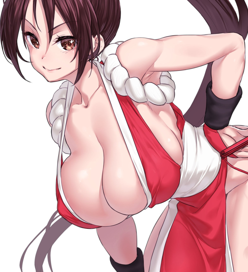 arm_guards bare_hips bare_shoulders bent_over breasts brown_eyes brown_hair cleavage closed_mouth covered_nipples female hair_between_eyes hanging_breasts high_ponytail highres huge_breasts japanese_clothes long_hair looking_at_viewer ninja onsoku_inu pelvic_curtain ponytail revealing_clothes rope shiranui_mai sideboob simple_background skindentation smile solo strap_gap the_king_of_fighters thighs very_long_hair white_background