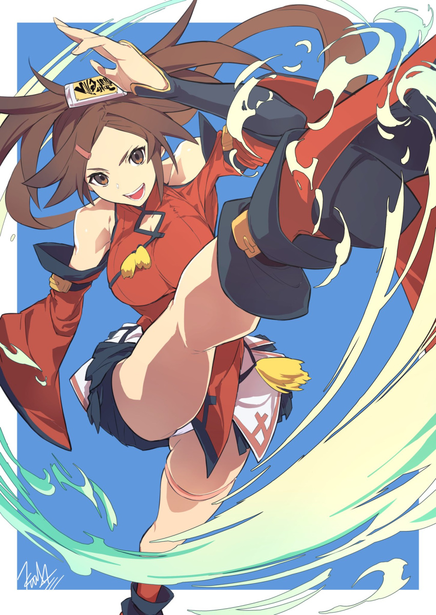 bare_shoulders breasts brown_hair china_dress chinese_clothes commission dress female foreshortening guilty_gear guilty_gear_xrd hair_ornament hair_rings hairclip high_kick highres kicking kuma_(jk0073) kuradoberi_jam large_breasts looking_at_viewer open_mouth panties pantyshot red_dress shoes short_dress skeb_commission smile solo thigh_strap underwear white_panties wide_sleeves