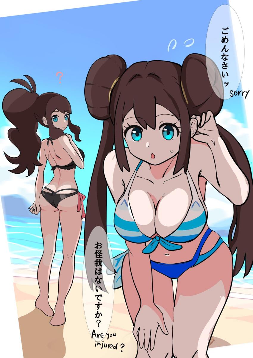 2girls ? beach bikini black_bikini blue_eyes breasts brown_hair day double_bun hair_bun highres hilda_(pokemon) long_hair looking_at_viewer makademia multiple_girls navel ocean open_mouth pokemon pokemon_bw pokemon_bw2 ponytail rosa_(pokemon) speech_bubble swimsuit twintails