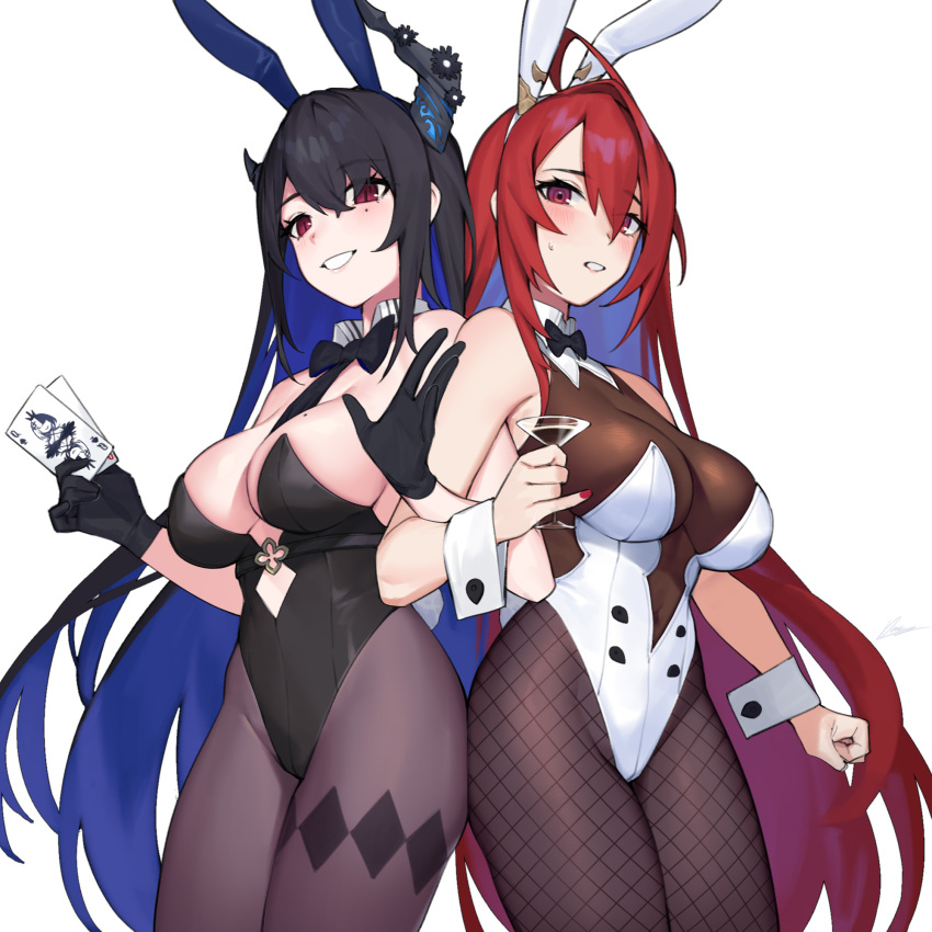 2girls ahoge alternate_costume animal_ears asymmetrical_horns black_gloves black_hair black_leotard blue_hair blush bow bowtie breasts bunny_day card colored_inner_hair cup dasdokter demon_horns detached_collar elizabeth_rose_bloodflame fake_animal_ears fishnet_pantyhose fishnets gloves highleg highleg_leotard highres holding holding_card holding_cup hololive hololive_english horns large_breasts leotard long_hair looking_at_viewer mole mole_on_breast multicolored_hair multiple_girls nerissa_ravencroft pantyhose pinky_out playboy_bunny rabbit_ears red_eyes red_hair simple_background smile strapless strapless_leotard traditional_bowtie very_long_hair virtual_youtuber white_background white_leotard wrist_cuffs