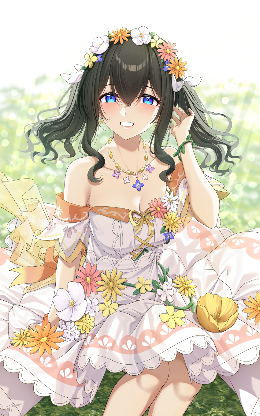 absurdres bare_shoulders black_hair blue_eyes blush bow breasts cleavage collarbone dress female flower go-1 hair_between_eyes hair_flower hair_ornament hairbow highres idolmaster idolmaster_cinderella_girls jewelry large_breasts long_hair necklace open_mouth sagisawa_fumika sidelocks sitting smile solo twintails vine_bracelet white_bow white_dress