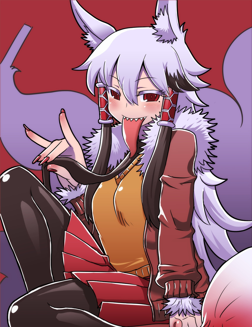 \m/ animal_ears bad_id bad_tumblr_id black_pantyhose blush casual commentary_request dakini_(imawabi_no_dakini) female fox_ears fox_shadow_puppet fox_tail fur_collar hair_tubes highres imawabi_no_dakini jacket kitsune long_hair long_tongue matsuda_yuusuke mole multiple_tails nail_polish necktie pantyhose pleated_skirt red_eyes sharp_teeth sidelocks silver_hair skirt solo tail teeth tongue tongue_out v-neck