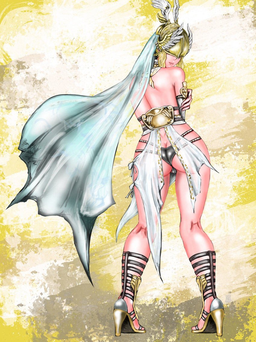 armor artist_request ass athena_(musou_orochi) bare_shoulders blonde_hair blush braid butt_crack female from_behind full_body helmet high_heels long_hair looking_at_viewer musou_orochi musou_orochi_3 panties shiny shiny_hair shiny_skin showgirl_skirt smile solo standing underwear veil