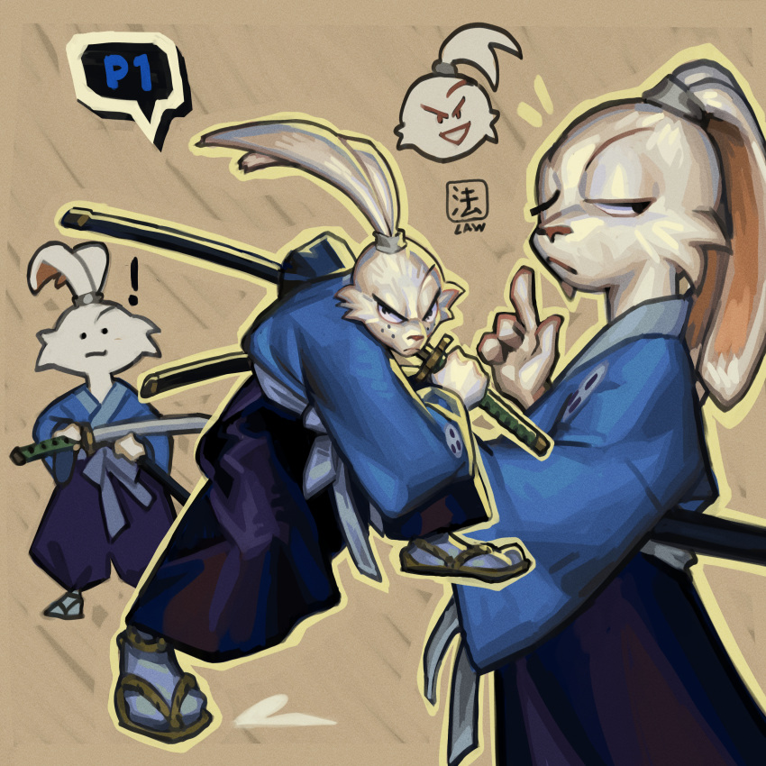 2024 4_fingers :3 absurd_res accessory anthro asian_clothing blue_bottomwear blue_clothing blue_kimono blue_pants border bottomwear brown_clothing brown_footwear brown_sandals chibi clothing colored digital_drawing_(artwork) digital_media_(artwork) dot_eyes east_asian_clothing exclamation_point fighting_pose fingers footwear fur gesture hair_accessory hairband half-closed_eyes hand_gesture hi_res holding_katana holding_melee_weapon holding_object holding_sword holding_weapon japanese_clothing katana kimono lagomorph law19-2000 leaning leaning_forward leporid long_ears looking_at_viewer looking_away male mammal melee_weapon miyamoto_usagi narrowed_eyes pants pink_inner_ear pose rabbit raised_finger raised_index_finger ronin samurai sandals serious serious_face shaded shoes signature simple_background smile smiling_at_viewer socks solo standing sword tan_background tied_ears toony usagi_yojimbo warrior weapon white_body white_clothing white_footwear white_fur white_socks yellow_border