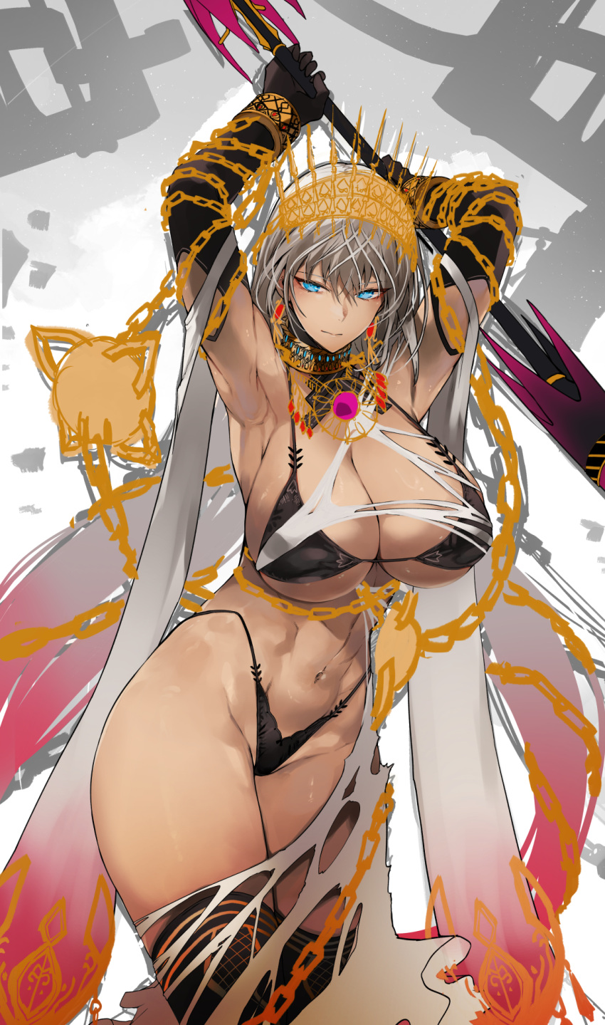 abs bikini black_bikini chains crown cuffs dark-skinned_female dark_skin elbow_gloves fate/grand_order fate_(series) female gloves gold_chain grey_hair highleg highleg_bikini highres jewelry neck_ring nishiide_kengorou shackles solo swimsuit thighs zenobia_(fate)