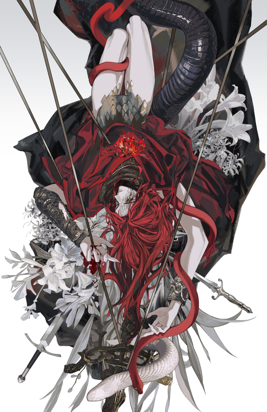 1boy absurdres armor black_sclera blood blood_on_hands bracelet cape chainmail colored_sclera colored_skin elden_ring elden_ring:_shadow_of_the_erdtree expressionless fingernails flower from_above full_body highres impaled jewelry lily_(flower) long_hair lying male_focus messmer_the_impaler on_back one_eye_closed red_cape red_hair sharp_fingernails single_vambrace snake solo spider_lily sword upside-down vambraces weapon white_background white_flower white_skin white_snake yellow_eyes youamo