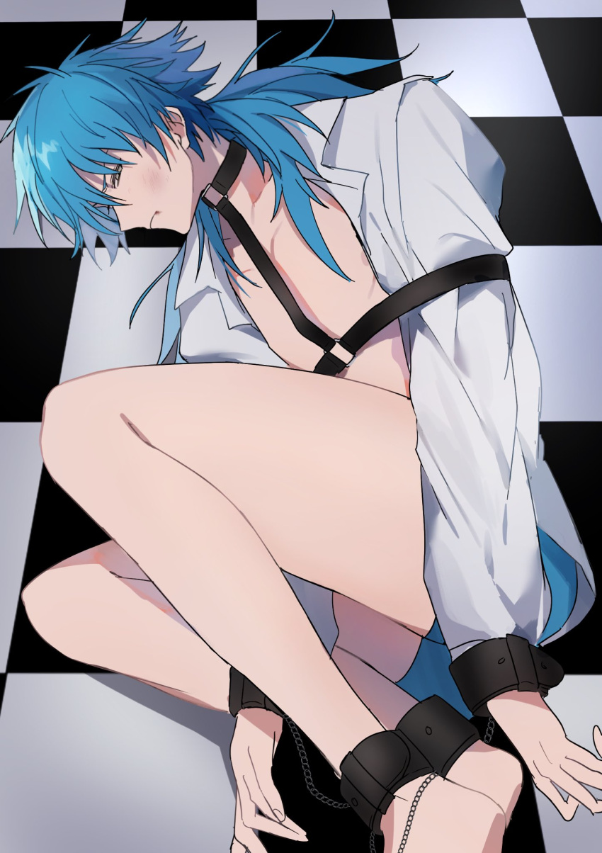 1boy ankle_cuffs aqua_shorts black_collar blue_hair blush bruise bruise_on_face chains chest_belt closed_mouth collar collared_shirt commentary crossed_ankles cuffs dramatical_murder dress_shirt from_above harness highres ikaremanju injury long_sleeves looking_down male_focus narrowed_eyes open_clothes open_shirt pectorals restrained seragaki_aoba shirt short_hair_with_long_locks short_shorts shorts solo thighs white_shirt wrist_cuffs yellow_eyes