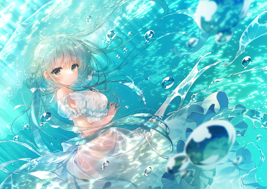 air_bubble bare_shoulders blush braid breasts bubble comiket_104 dress female green_eyes green_hair highres holding holding_umbrella large_breasts long_hair looking_at_viewer off-shoulder_dress off_shoulder original see-through see-through_dress shouna_mitsuishi solo transparent transparent_umbrella twintails umbrella underwater wet wet_clothes white_dress