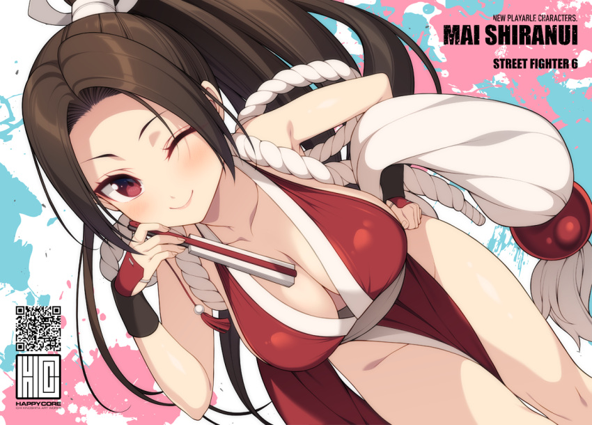 breasts brown_hair character_name cleavage fatal_fury female hand_fan hand_on_own_hip high_ponytail holding holding_fan kinoshita_ichi looking_at_viewer one_eye_closed red_eyes shiranui_mai smile solo street_fighter street_fighter_6 the_king_of_fighters