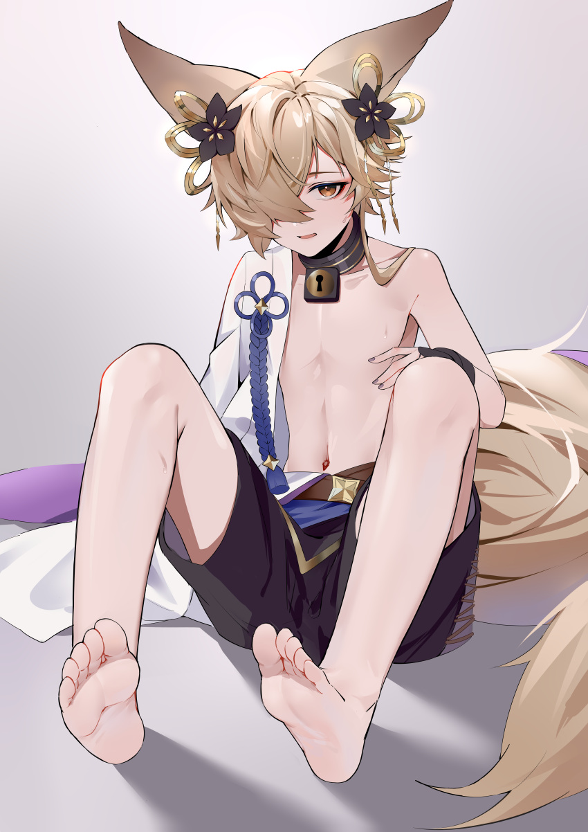 1boy absurdres animal_ears axescr barefoot belt black_flower blonde_hair blush collar eyelashes feet flower fox_boy fox_ears fox_tail granblue_fantasy hair_flower hair_ornament hair_over_one_eye highres knees_up kou_(granblue_fantasy) large_tail long_hair looking_at_viewer male_focus navel off_shoulder orange_hair parted_lips shadow shorts sitting soles solo tail toes topless_male