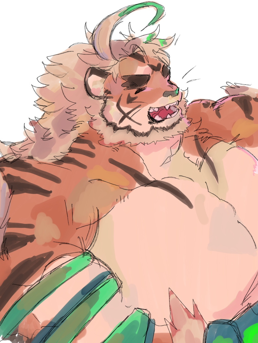 1boy ahoge animal_ears bahamut_(bahamunoaka9) bara blush forked_eyebrows furry furry_male happy highres hombre_tigre_(housamo) huge_eyebrows huge_pectorals male_focus muscular muscular_male solo thick_eyebrows tiger_boy tiger_ears tokyo_afterschool_summoners unfinished upper_body white_hair