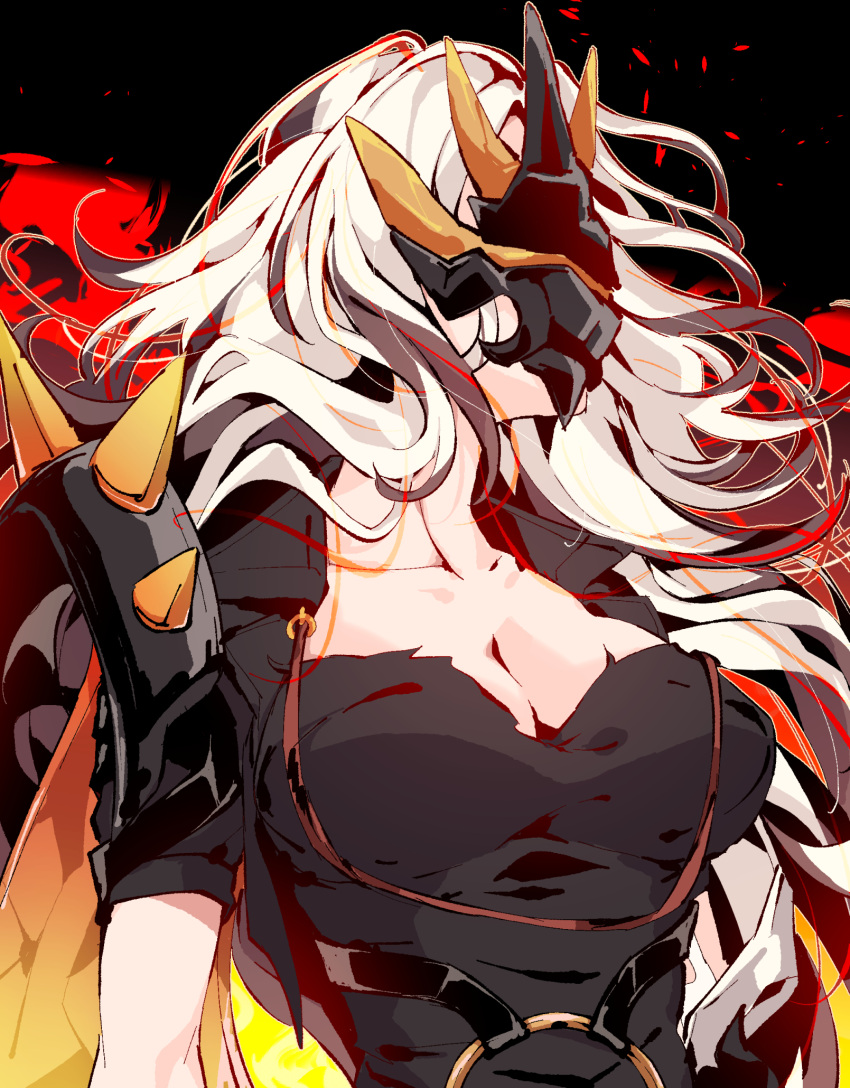 aer007580 bad_id bad_pixiv_id black_shirt breasts cleavage female fire genderswap_(mtf) highres honkai_(series) honkai_impact_3rd kalpas_(honkai_impact) large_breasts long_hair looking_to_the_side mask o-ring rule_63 shirt short_sleeves solo spikes upper_body white_hair