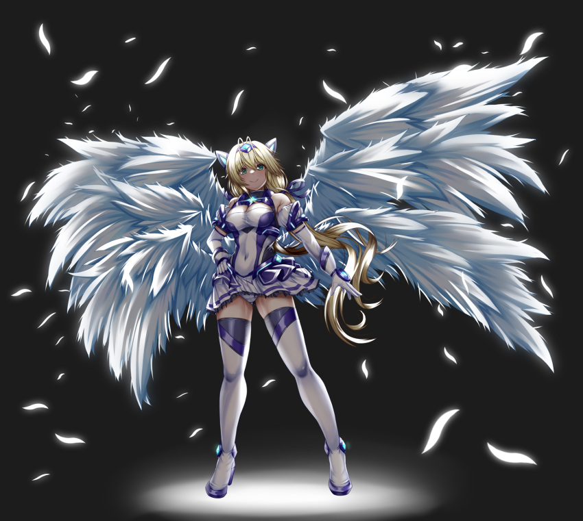 angel_wings backlighting black_background blonde_hair blue_ribbon blue_socks boots detached_sleeves dress exs-tia_spica falling_feathers feathers female frilled_skirt frills full_body gem genderswap_(mtf) gloves green_gemstone highres katsuragi_souma kouyoku_senki_exs-tia kozu_rokuta leotard long_hair low_twintails magical_girl pleated_skirt ribbon rule_63 simple_background skirt socks spotlight thighhighs twintails white_footwear white_gloves white_skirt wings