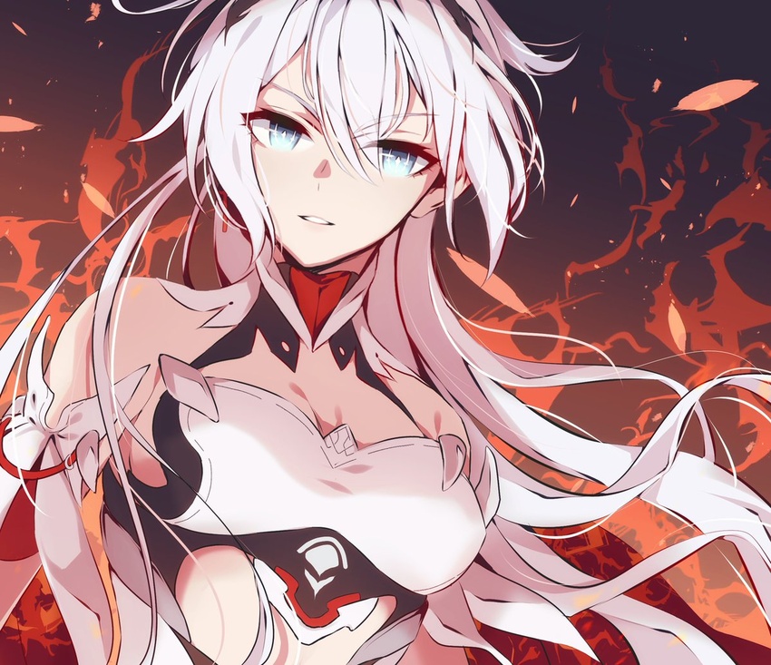 aer007580 bad_id bad_pixiv_id blue_eyes breasts dutch_angle earrings female fire hair_between_eyes honkai_(series) honkai_impact_3rd jewelry kiana_kaslana kiana_kaslana_(herrscher_of_flamescion) long_hair looking_at_viewer medium_breasts midriff parted_lips single_earring smile solo white_hair