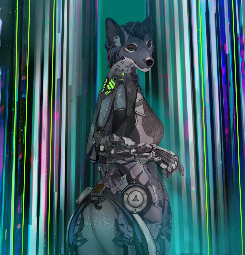 2023 alex-dep-998 android anthro breasts canid canine canis clothing costume cybernetics cyberpunk cyborg digital_media_(artwork) female fur hi_res hybrid jumpsuit light light_beam machine mammal prosthetic replicant robot sign slim solo technology wolf wolfdog