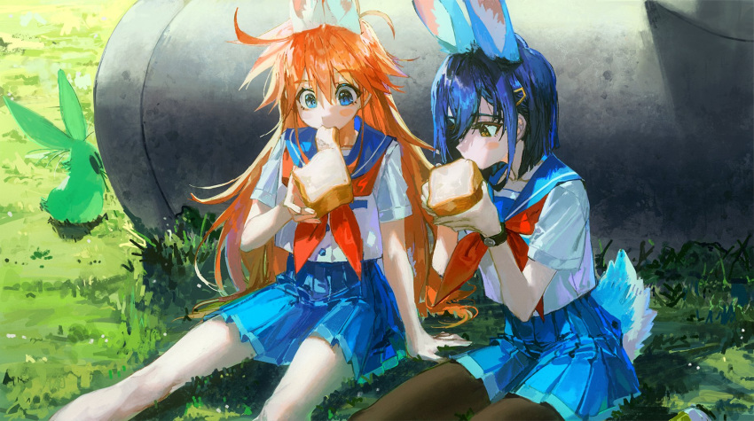 2girls animal_ears arm_support biting black_pantyhose blue_eyes blue_hair blue_sailor_collar blue_skirt blush_stickers bob_cut bread brown_eyes commentary_request culvert day eating feet_out_of_frame flip_flappers food food_in_mouth grass hair_between_eyes hair_ornament hairclip hand_up hands_up highres holding holding_food kokomine_cocona long_hair looking_at_food looking_down messy_hair mouth_hold multiple_girls neckerchief on_grass on_ground orange_hair outdoors pantyhose papika_(flip_flappers) pleated_skirt quasarcake rabbit red_neckerchief sailor_collar school_uniform serafuku shirt short_hair short_sleeves sitting skirt tail tail_through_clothes uexkull very_long_hair watch white_shirt wristwatch