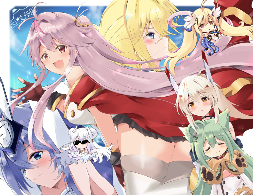 6+girls :3 akashi_(azur_lane) animal_ears ayanami_(azur_lane) azur_lane ballet_dress bare_shoulders black_skirt blonde_hair blue_eyes blue_sky breasts cat_ears cat_girl chibi closed_eyes double_bun dress dress_straps eldridge_(azur_lane) fingerless_gloves from_side gloves green_hair grenville_(azur_lane) hair_between_eyes hair_bun headgear jeanne_d'arc_(azur_lane) large_breasts le_malin_(azur_lane) le_malin_(muse)_(azur_lane) long_hair long_sleeves miniskirt multicolored_hair multiple_girls new_jersey_(azur_lane) open_mouth orange_eyes pantyhose purple_hair red_eyes red_gloves skirt sky sleeves_past_fingers sleeves_past_wrists streaked_hair sunglasses thighhighs tonchinkan tutu two-tone_hair very_long_hair white_dress white_hair white_pantyhose white_thighhighs