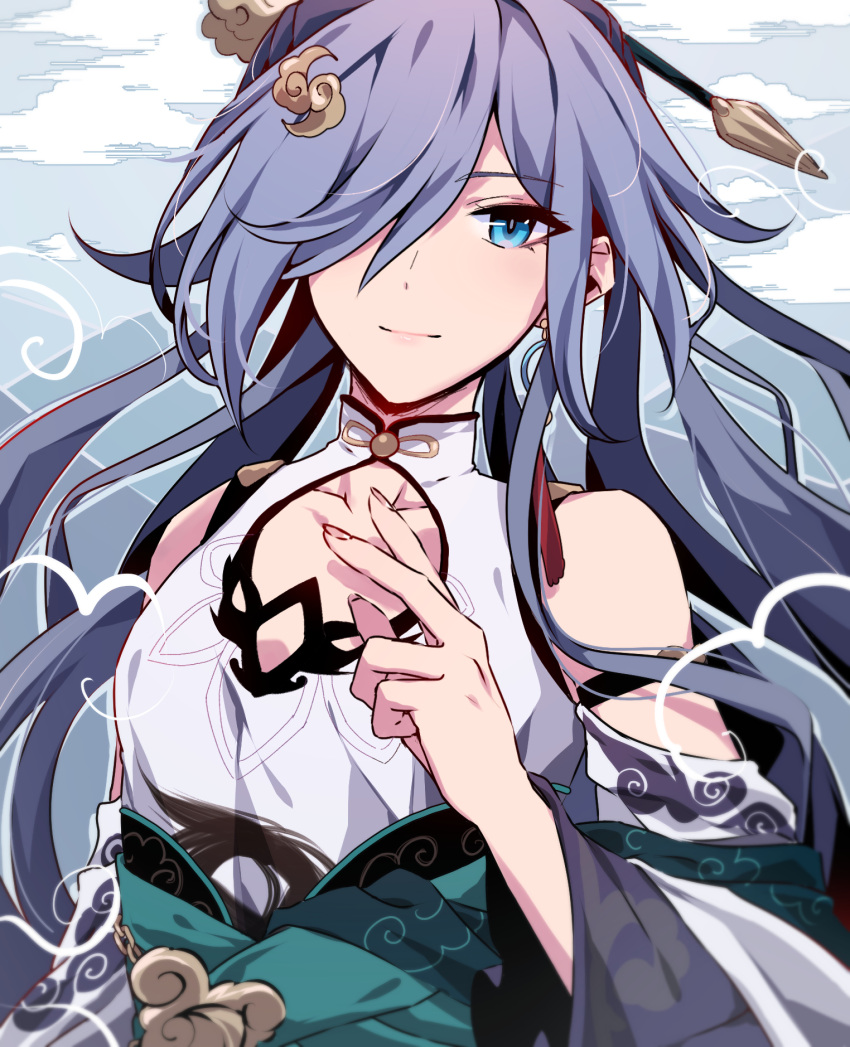 aer007580 bad_id bad_pixiv_id bare_shoulders blue_eyes breasts china_dress chinese_clothes detached_sleeves dress female fu_hua fu_hua_(azure_empyrea) grey_hair hair_ornament hair_over_one_eye hair_stick high_ponytail highres honkai_(series) honkai_impact_3rd long_hair small_breasts smile solo upper_body white_dress wide_sleeves