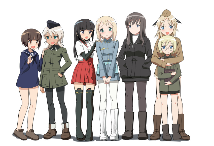 507th_joint_fighter_wing 6+girls anabuki_tomoko black_eyes black_footwear black_hair black_headwear black_jacket black_legwear black_neckerchief black_ribbon black_shirt blonde_hair blouse blue_eyes blue_jacket blue_sailor_collar blue_shirt blunt_bangs blush bob_cut book boots brown_eyes brown_footwear brown_hair brown_headwear brown_jacket closed_mouth commentary_request elizabeth_f._beurling elma_leivonen frown garrison_cap giuseppina_ciuinni glasses green_eyes green_jacket hair_ribbon hakama hakama_short_skirt hakama_skirt hand_on_own_hip hands_in_pockets hands_on_another's_shoulders hat holding holding_book hug hug_from_behind interlocked_fingers jacket japanese_clothes kaneko_(novram58) katharine_ohare layered_sleeves light_smile long_hair long_sleeves looking_at_viewer medium_hair military military_hat military_uniform miniskirt multiple_girls neckerchief no_pants no_socks open_mouth own_hands_together pantyhose red_skirt ribbon round_eyewear sailor_collar sakomizu_haruka sandals shadow shirt shoes short_hair short_over_long_sleeves short_sleeves simple_background skirt smile standing straight_hair strike_witches:_suomus_misfits_squadron sweatdrop tan tearing_up thighhighs uniform ursula_hartmann v_arms white_background white_footwear white_hair white_legwear white_shirt world_witches_series zipper