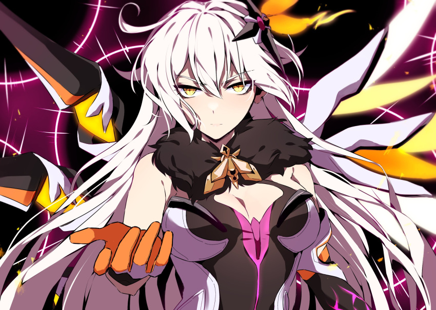 aer007580 bad_id bad_pixiv_id breasts cleavage closed_mouth female fur_collar gloves hair_between_eyes highres honkai_(series) honkai_impact_3rd kiana_kaslana kiana_kaslana_(herrscher_of_the_void) long_hair looking_at_viewer mechanical_wings medium_breasts orange_gloves outstretched_hand solo upper_body white_hair wings yellow_eyes