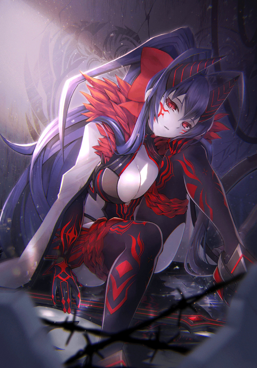 another_dark_mai antenna_hair backless_outfit barbed_wire black_pants blazblue blazblue_alternative:_dark_war blue_hair bow breasts cape cleavage colored_skin dark_persona deadpan facial_tattoo female grey_skin halterneck head_rest highres horns indoors large_breasts long_hair long_sleeves looking_at_viewer lowleg lowleg_pants mai_natsume mechanical_tail official_art open_mouth pants ponytail red_bow red_eyes revealing_clothes sitting solo sunlight tail tattoo white_cape