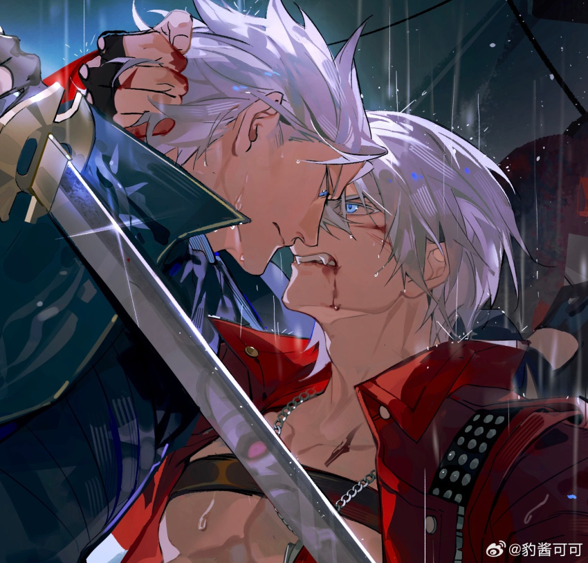 2boys belt_bra black_gloves blood blood_from_mouth blood_on_face blue_coat blue_eyes brothers closed_mouth coat dante_(devil_may_cry) devil_may_cry_(series) devil_may_cry_3 fangs fingerless_gloves glint gloves hair_slicked_back highres holding holding_weapon jewelry katana looking_at_another multiple_boys necklace oerba_yun_fang shiniesk siblings sword vergil_(devil_may_cry) weapon weibo_logo weibo_watermark white_hair yamato_(sword)