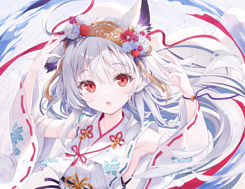 :o animal_ear_fluff animal_ears arms_up breasts commentary_request detached_sleeves female flower fox_ears grey_hair hair_between_eyes highres japanese_clothes kimono long_hair long_sleeves looking_at_viewer medium_breasts oerba_yun_fang open_mouth original purple_flower red_eyes red_flower ribbon-trimmed_sleeves ribbon_trim sleeveless sleeveless_kimono solo tenmu_shinryuusai upper_body white_flower white_kimono white_sleeves wide_sleeves