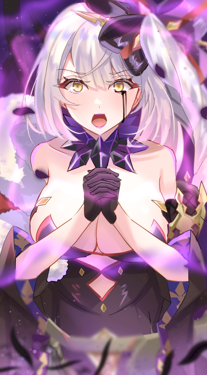 bare_shoulders black_dress black_gloves black_tears breasts cleavage cloak detached_collar dress fate/grand_order fate_(series) female fur-trimmed_cloak fur_trim gloves hair_ornament half_gloves highres large_breasts long_hair looking_at_viewer marie_antoinette_(alter)_(fate) marie_antoinette_(alter)_(third_ascension)_(fate) marie_antoinette_(fate) off_shoulder open_mouth red_cloak side_ponytail solo very_long_hair white_hair yellow_eyes zacky