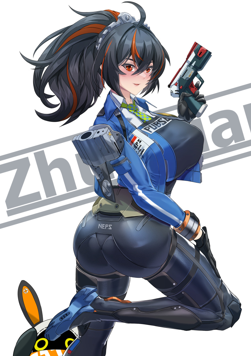 absurdres ahoge bangboo_(zenless_zone_zero) black_gloves black_hair black_pants blue_jacket breasts character_name checkered_necktie eous_(zenless_zone_zero) female gloves green_necktie gun hair_between_eyes handgun highres holding holding_gun holding_weapon jacket large_breasts long_sleeves looking_at_viewer multicolored_hair necktie pants police police_uniform policewoman ponytail red_eyes red_hair short_hair simple_background smile solo standing standing_on_one_leg streaked_hair torahime_(roland00) two-tone_hair uniform weapon white_background zenless_zone_zero zhu_yuan