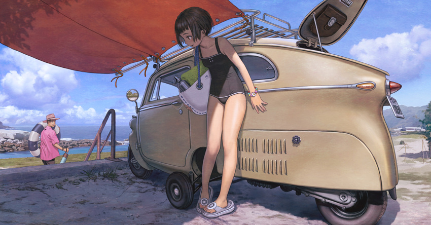 1boy bag beach black_one-piece_swimsuit bob_cut bottle bracelet breasts brown_hair brown_hat buttons car cloud cloudy_sky collarbone day female flower_bracelet hat holding holding_swim_ring innertube jewelry leaning_forward looking_to_the_side motor_vehicle murata_range one-piece_swimsuit open_mouth original outdoors rear-view_mirror school_swimsuit short_hair sky slippers small_breasts smile solo swim_ring swimsuit three-wheeler tote_bag towel