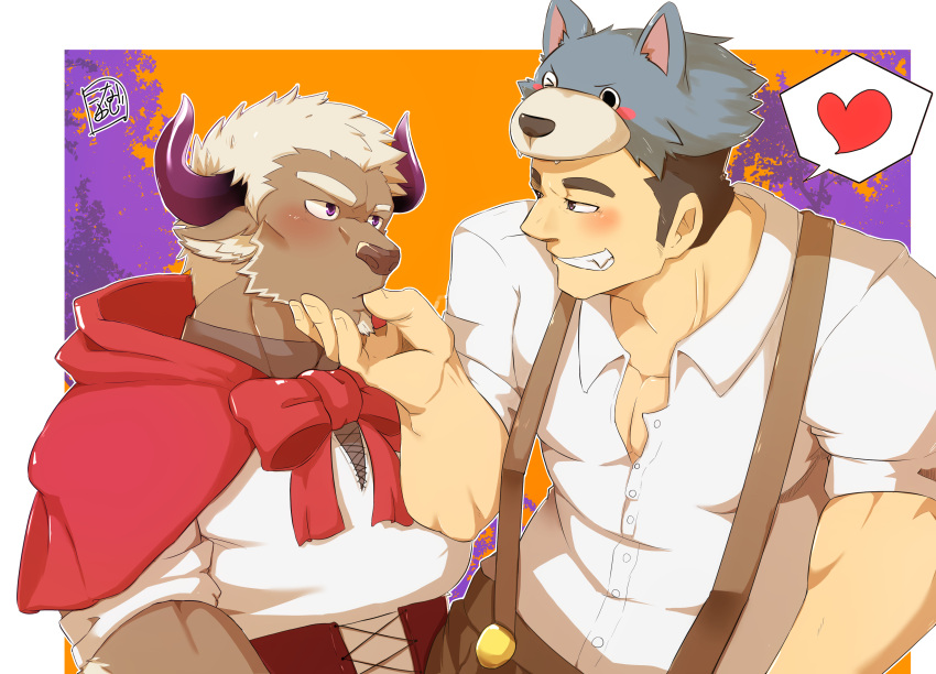 2boys absurdres animal_ears animal_hat bara blush couple cow_ears cow_horns finger_sucking foreplay from_side furry furry_male furry_with_non-furry grin hat heart highres horns interspecies konaoji_(connersublow) male_focus minotaur multiple_boys muscular muscular_male pectoral_cleavage pectorals protagonist_3_(housamo) purple_eyes purple_horns shennong_(housamo) short_hair smile spoken_heart suspenders thick_eyebrows three_quarter_profile tokyo_afterschool_summoners upper_body white_hair yaoi