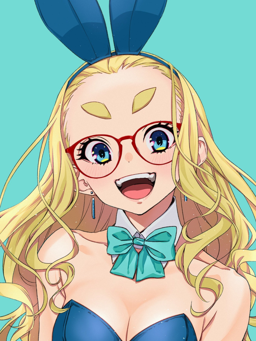 animal_ears aqua_background aqua_bow aqua_bowtie bare_shoulders blonde_hair blue_eyes blue_leotard blush bow bowtie breasts curly_hair dekomegane detached_collar earrings fake_animal_ears female glasses highres jewelry large_breasts leotard long_hair looking_at_viewer multicolored_eyes open_mouth original playboy_bunny portrait sasetsu simple_background smile solo strapless strapless_leotard teeth thick_eyebrows upper_teeth_only yellow_eyes