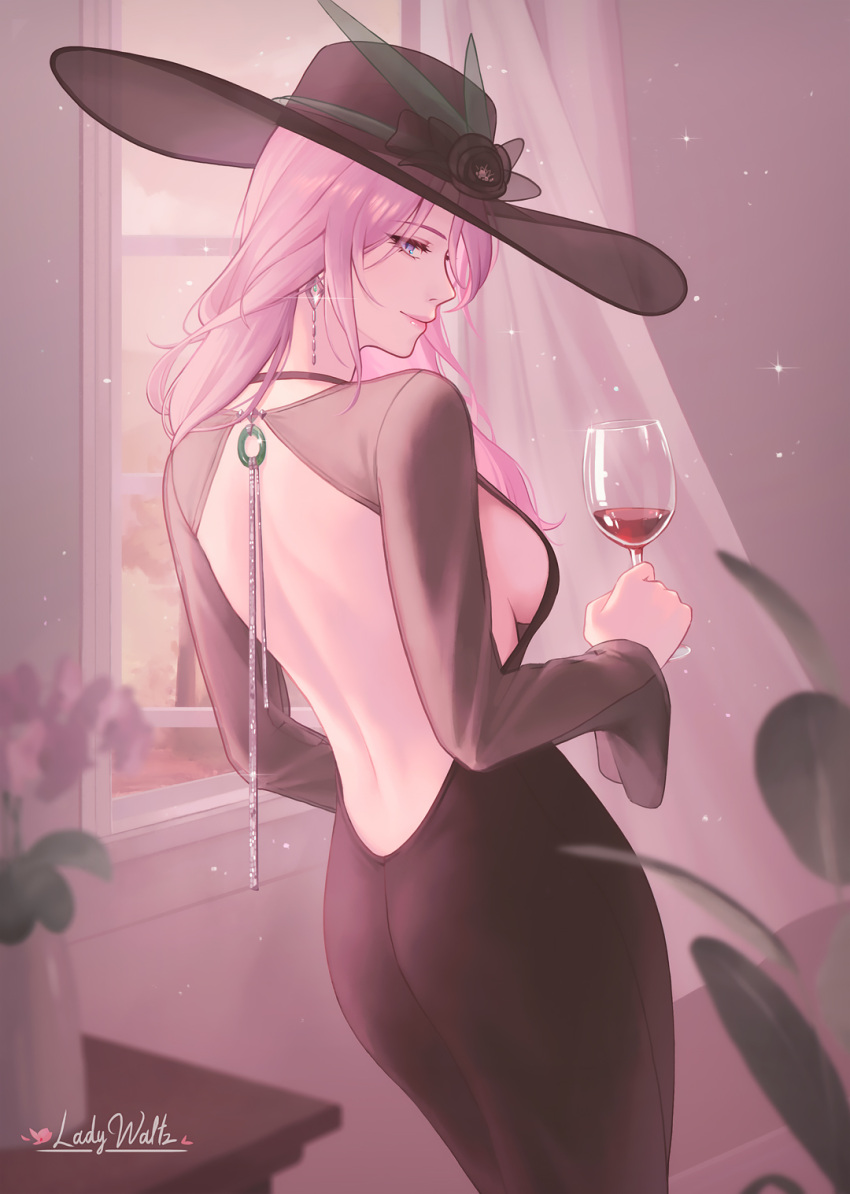 alcohol alternate_costume backless_dress backless_outfit black_dress black_hat blue_eyes breasts closed_mouth commentary cowboy_shot cup curtains dress drinking_glass earrings female from_behind hat highres holding holding_cup honkai:_star_rail honkai_(series) indoors jade_(gemstone) jade_(honkai:_star_rail) jewelry ladywaltz large_breasts large_hat long_hair looking_at_viewer median_furrow purple_hair sideboob signature slit_pupils smile solo very_long_hair window wine